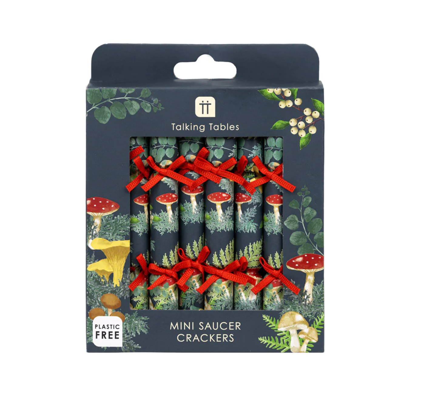 Pack of mini saucer crackers with forest design and red ribbons, branded 'Talking Tables'.