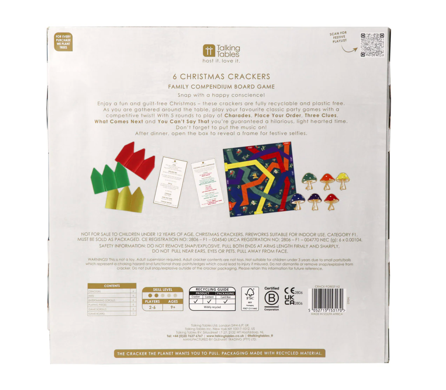 Back of a Christmas cracker packaging with colorful designs and text.