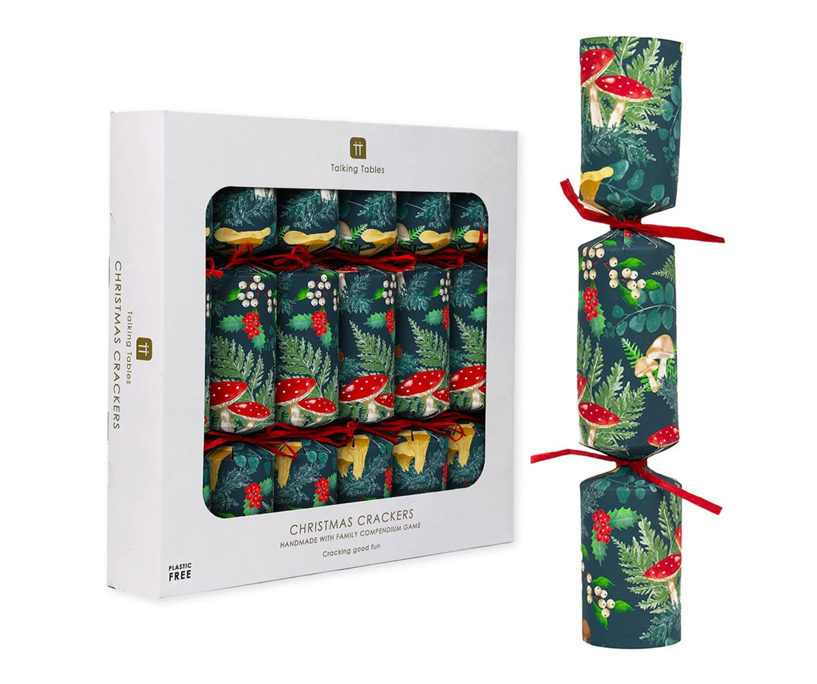 Christmas crackers with festive design and packaging on a white background