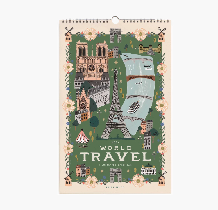World Travel illustrated calendar with Eiffel Tower and other landmarks on a green background