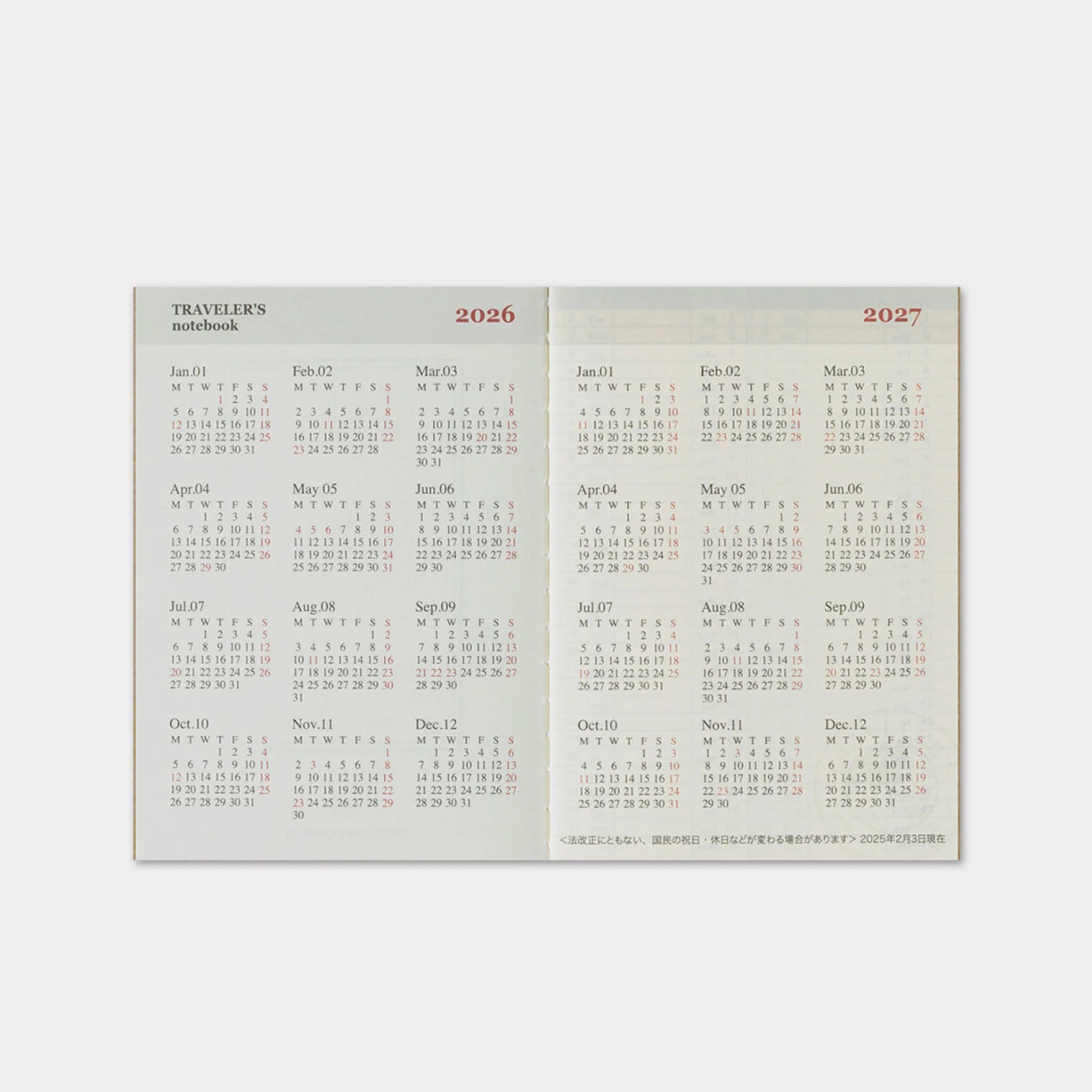 Two pages of a travel notebook calendar showing 2026 and 2027.