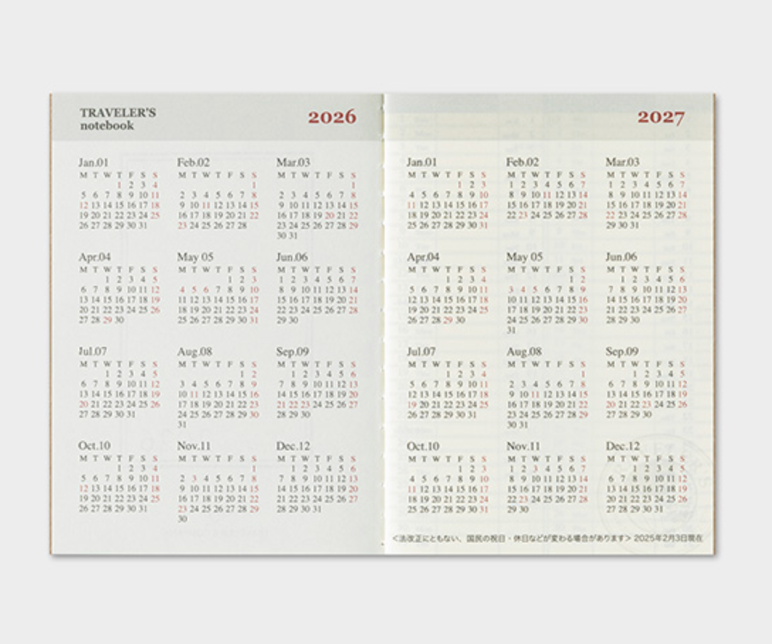 Two-page calendar for 2026 and 2027 on a white background