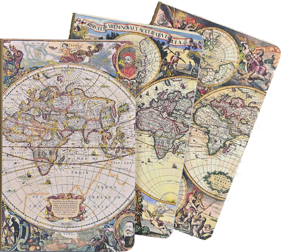 Old World jotter notebooks set of 3 by Peter Pauper Press, antique map covers with gold foil