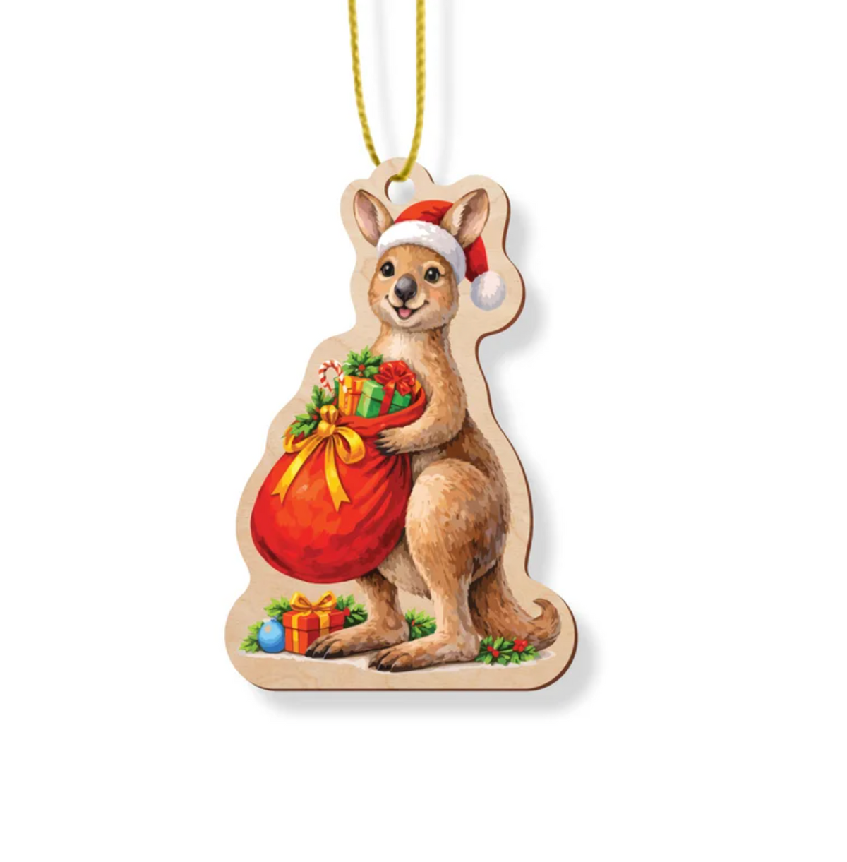 Wooden Christmas ornament shaped like a kangaroo in a Santa hat holding a sack of presents