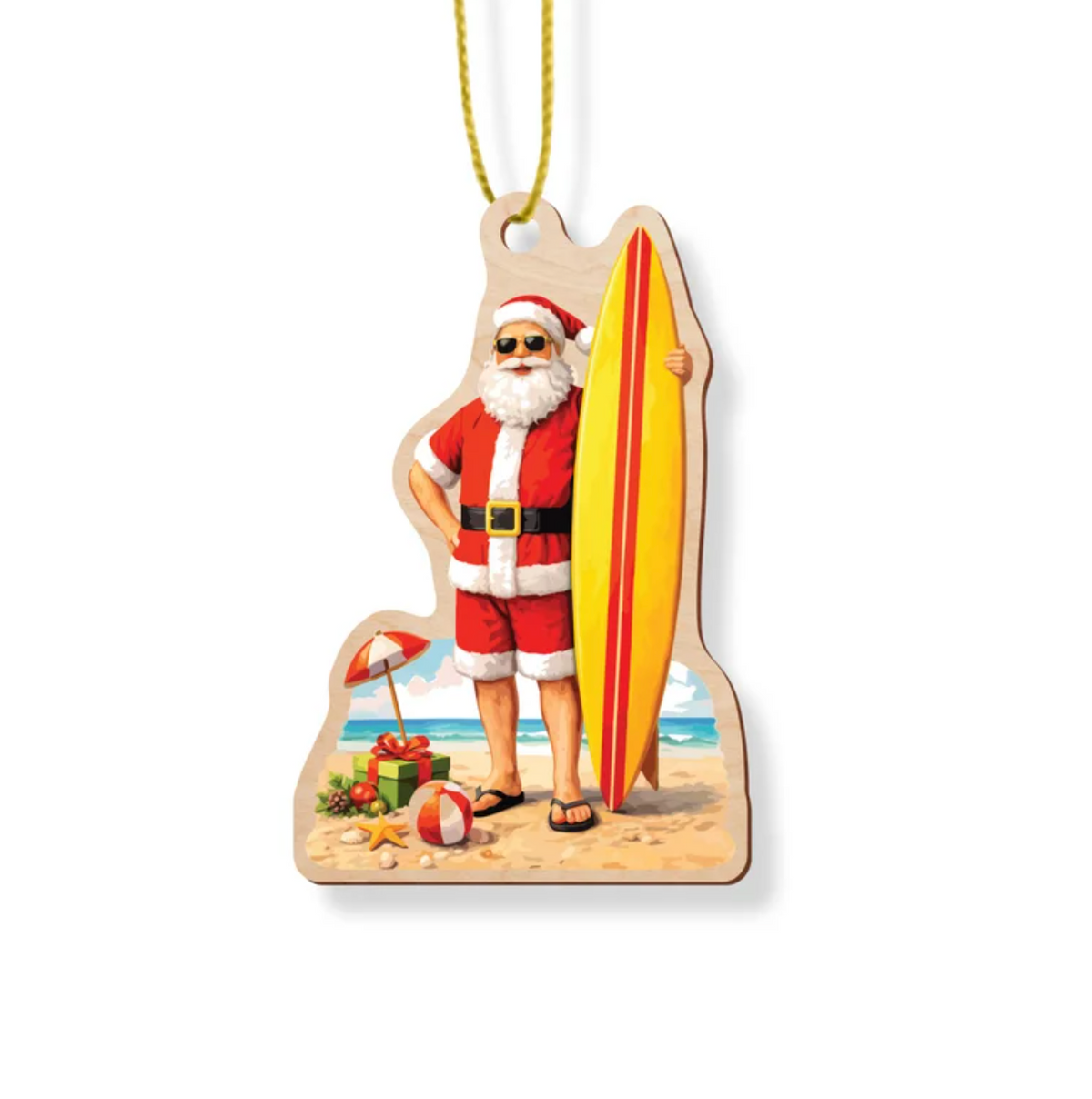 Wooden Christmas ornament of Santa on the beach holding a surfboard