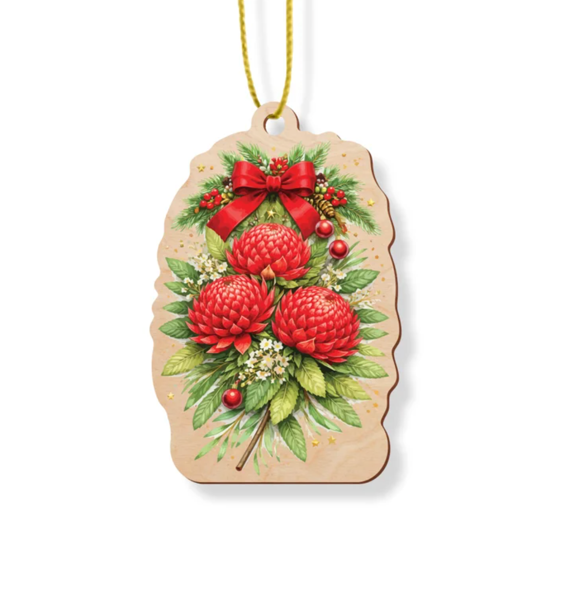 Wooden Christmas ornament with three red waratahs and a red bow