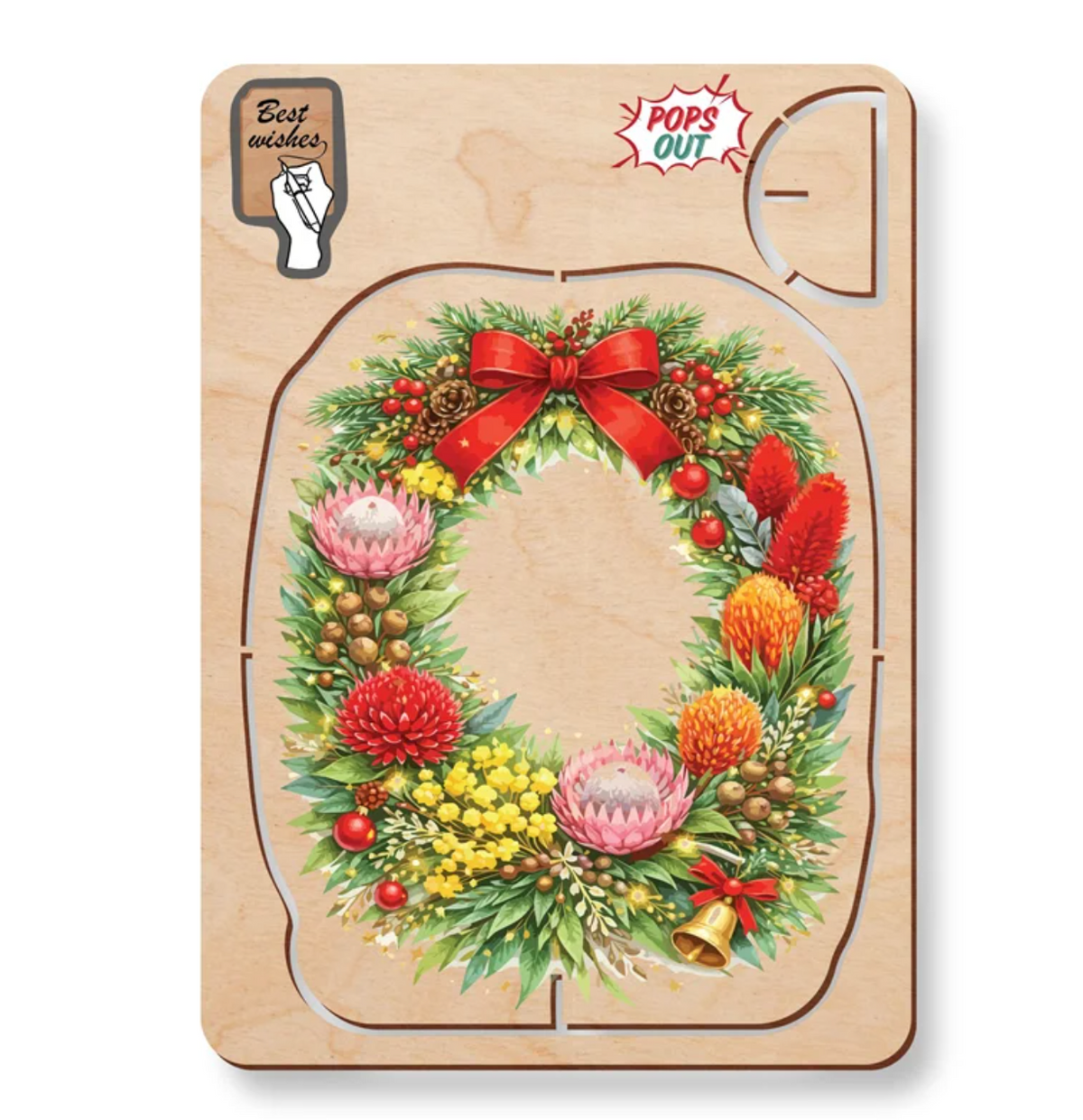 Wooden pop-out Christmas card with a wreath of waratah, protea, wattle and banksia tied with a red bow